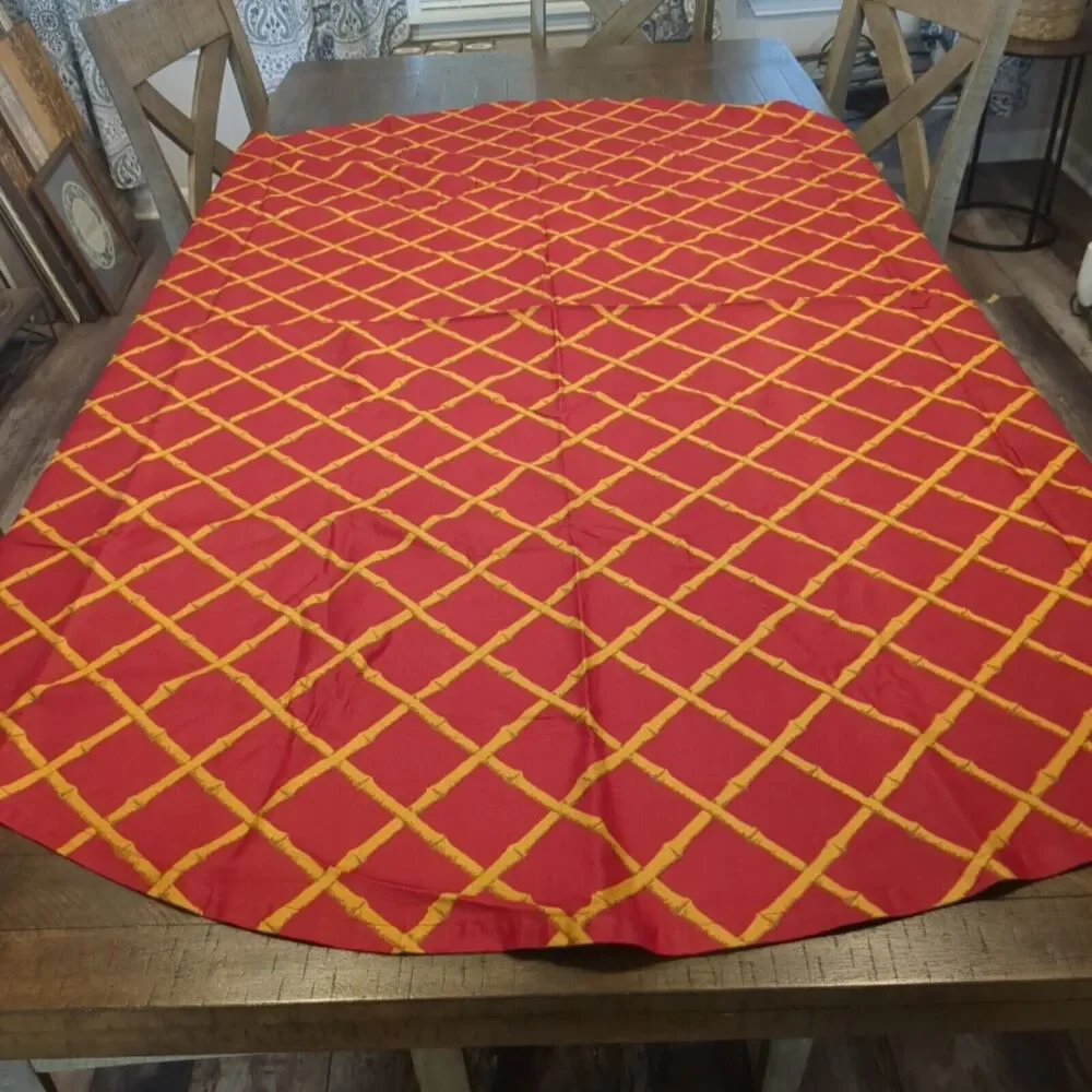 Vtg MCM Tablecloth Cotton 71” Round Cohama Pomp Ano Fabric Homemade Bamboo Rust